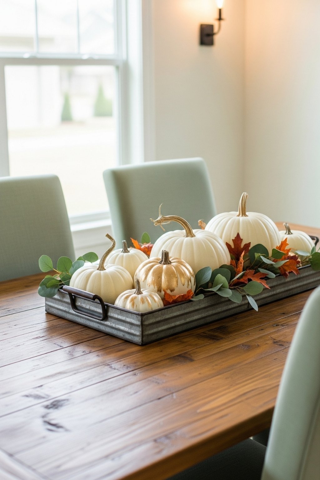 White pumpkins styled on a wooden tray with greenery and soft accents for a cozy dining table centerpiece.