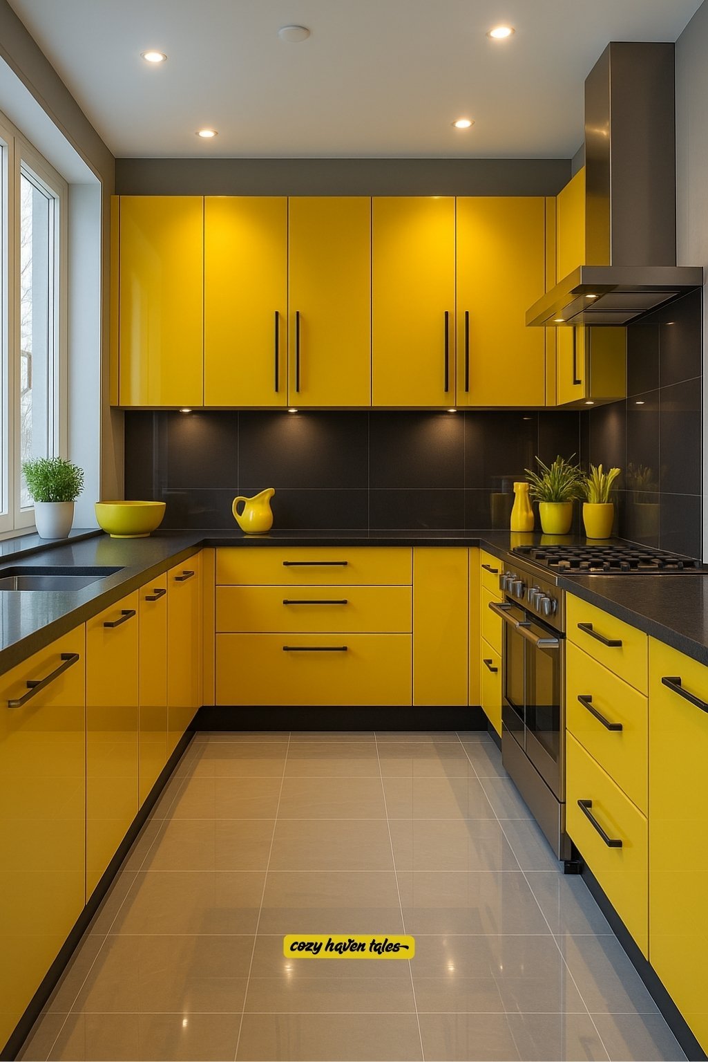 Glossy yellow kitchen cabinets paired with black backsplash and under-cabinet lighting