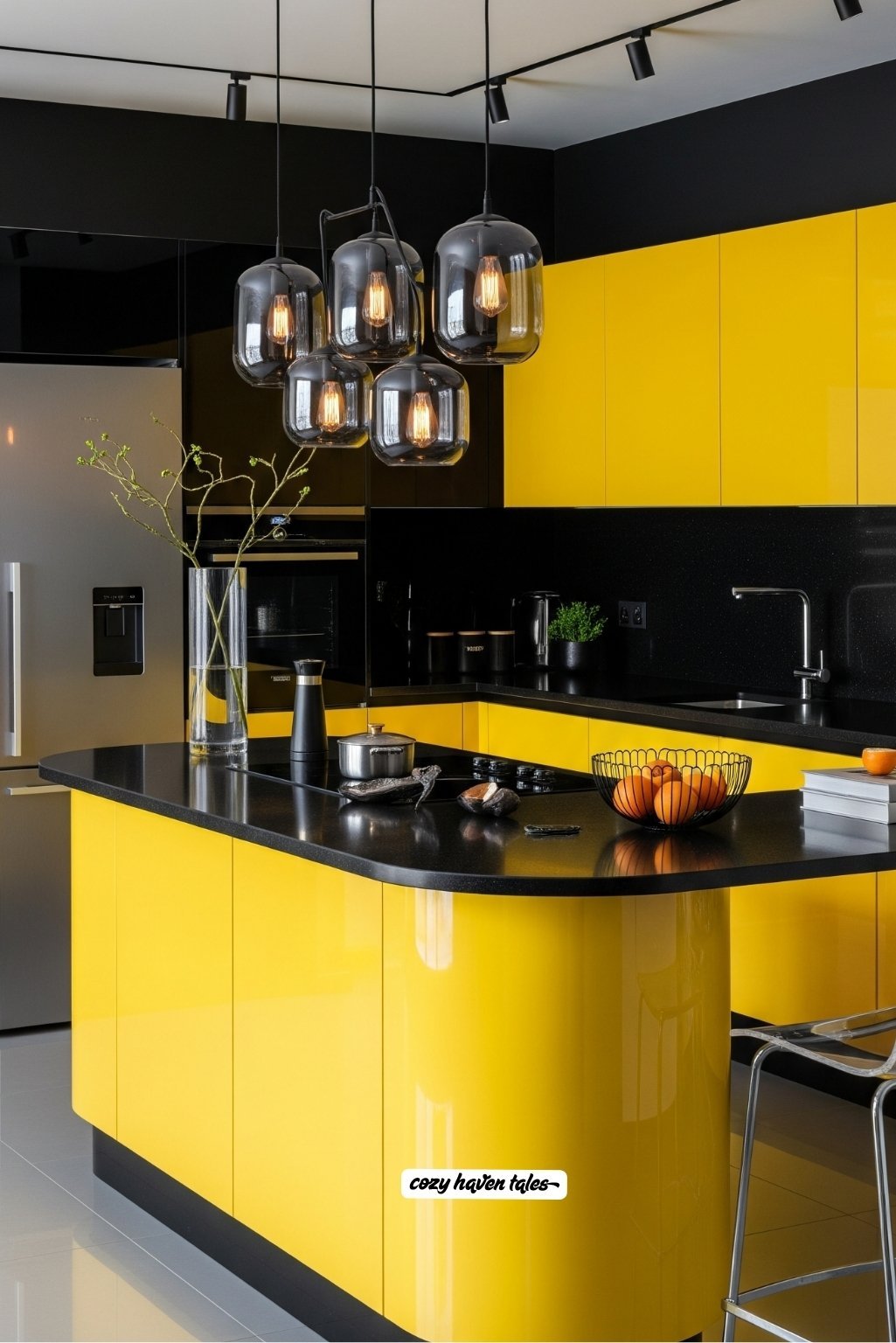Sleek yellow kitchen cabinets with black backsplash