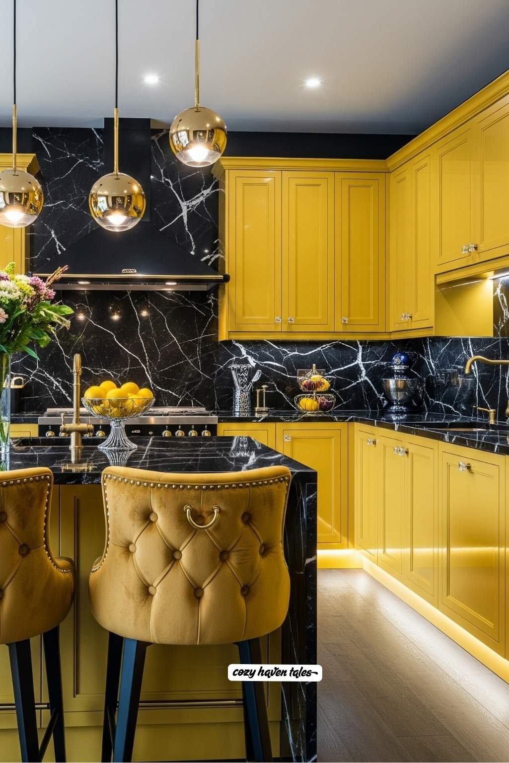 rich yellow kitchen cabinets with black marble countertop and similar backsplash up to ceiling