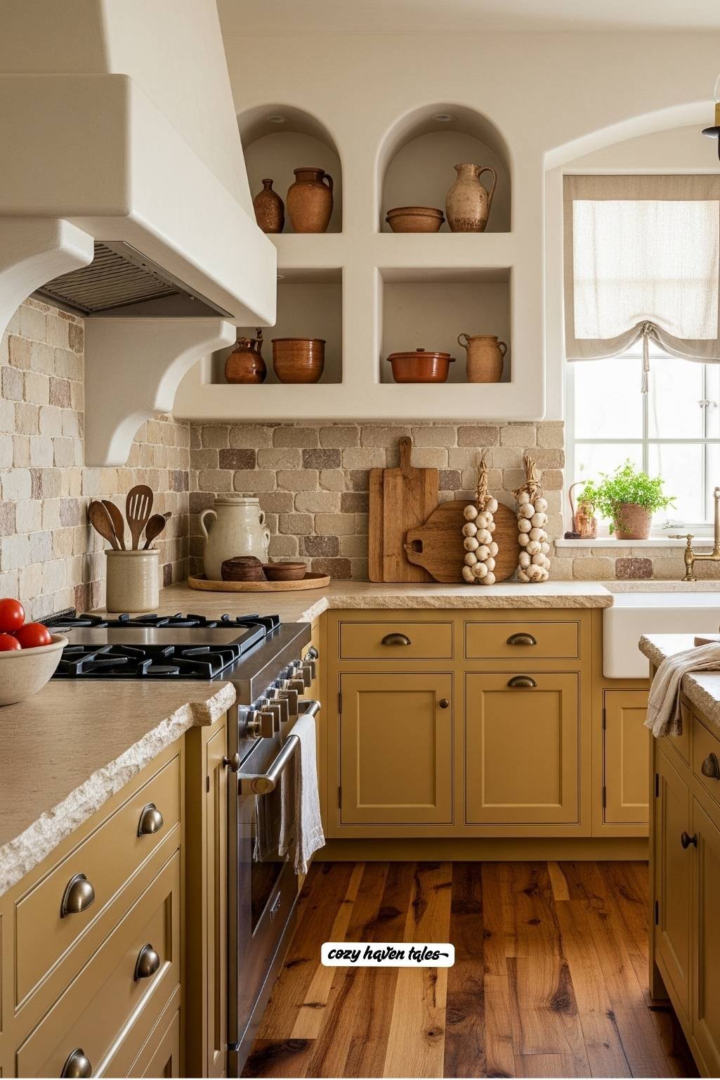 Yellow kitchen cabinets with farmhouse accents