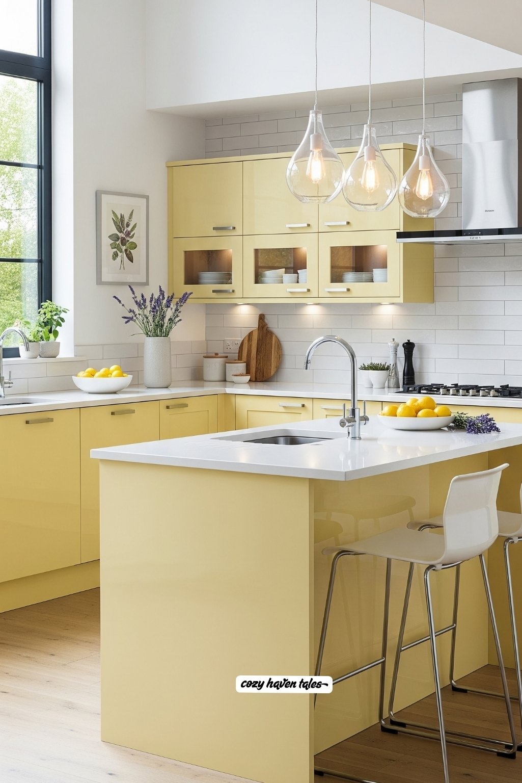 Yellow cabinets with minimalistic pendant lights