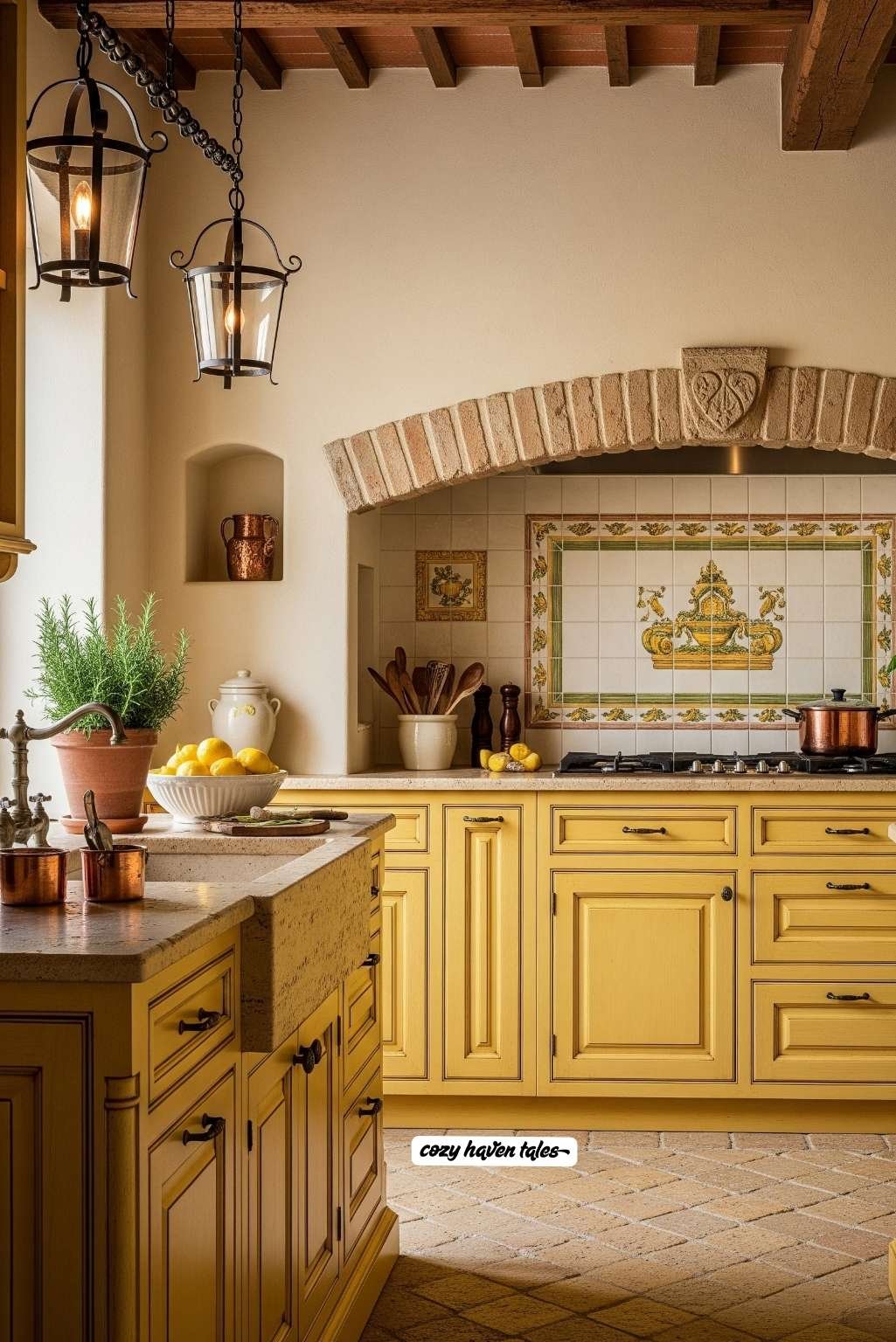 Tuscan-Inspired Yellow Kitchen Cabinets with Warm Accents