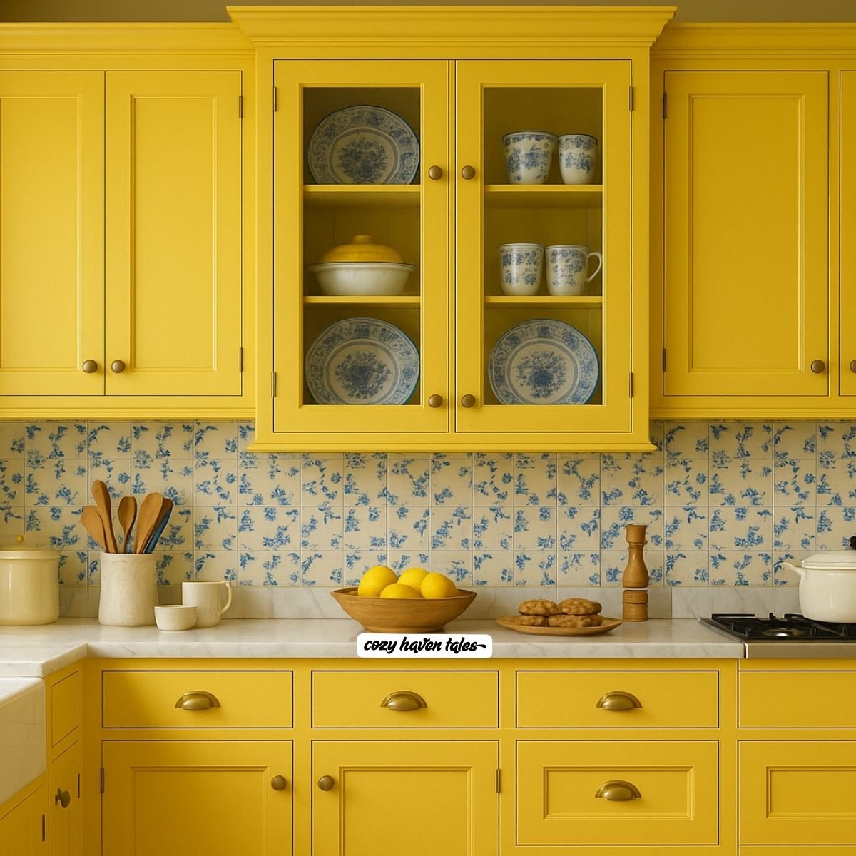 Yellow cabinets with floral blue tile backsplash and crockery display