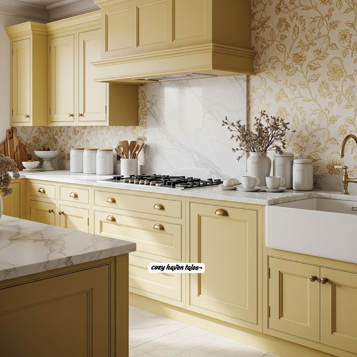 Soft yellow cabinets paired with white marble countertops and floral wallpaper