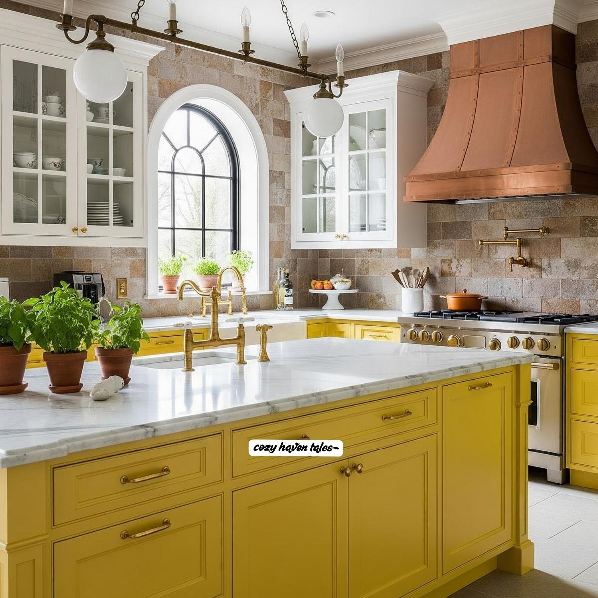 A classic farmhouse kitchen with bright yellow lower cabinets, rustic backsplash