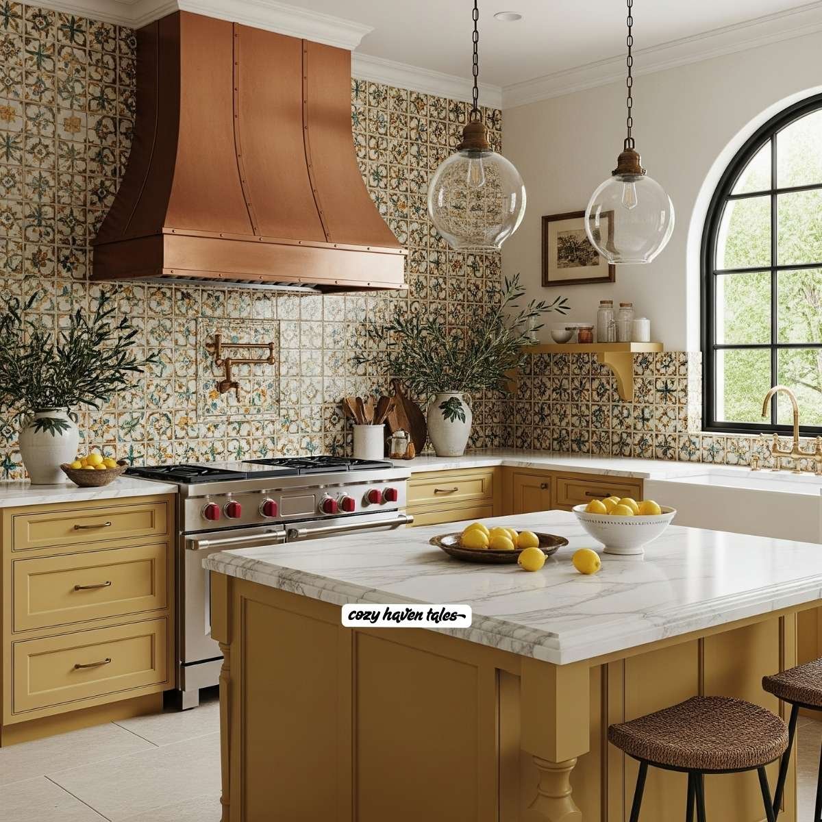 Yellow shaker cabinets and Moroccan-style backsplash