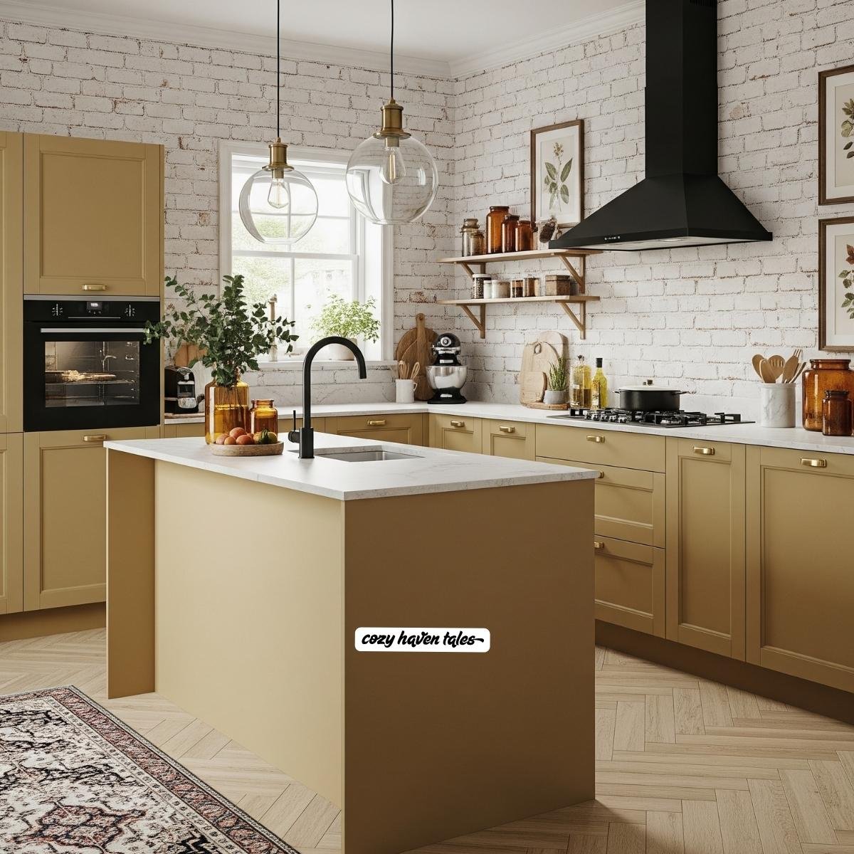 oft mustard-toned kitchen and white brick backsplash