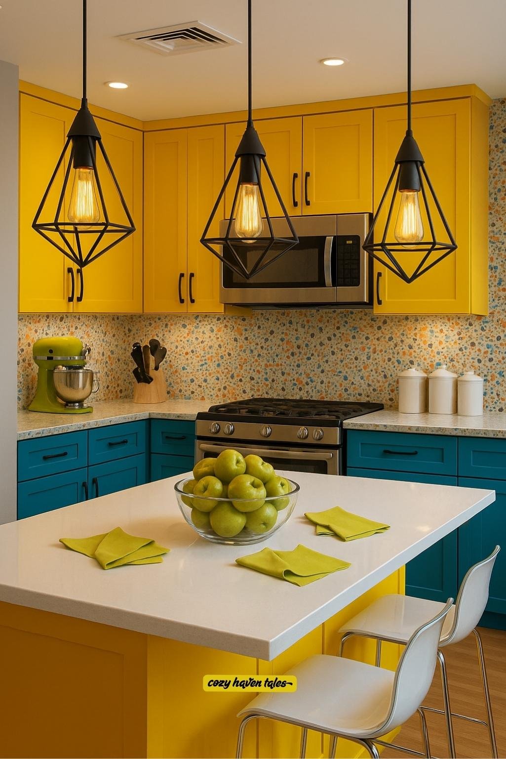 Upper yellow and lower teal cabinets with colorful patterned backsplash