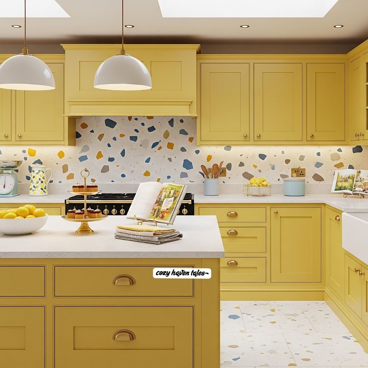 yellow cabinets and terrazzo backsplash