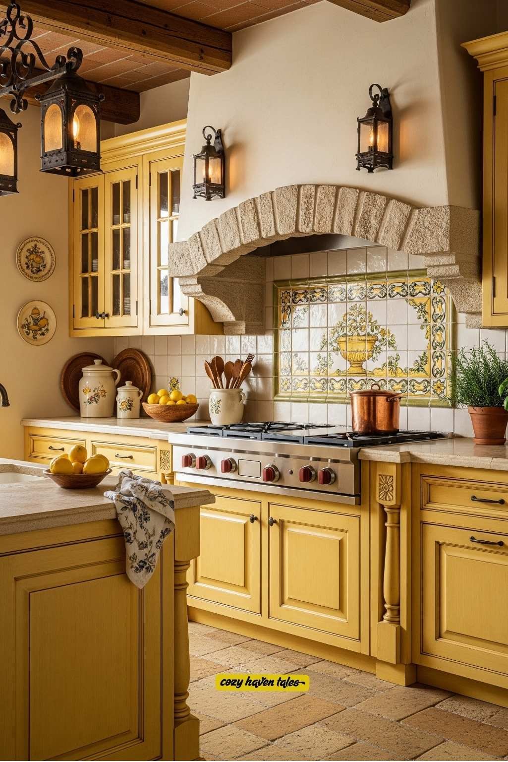 Traditional yellow kitchen with Tuscan-style backsplash and tiled arch