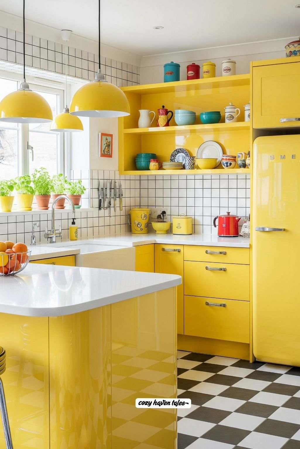 Retro-inspired kitchen with bright yellow cabinets and checkerboard floor