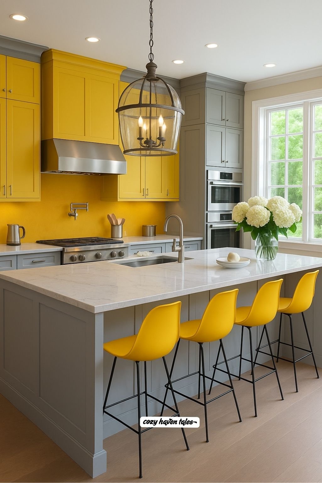 Yellow and grey kitchen with bar stools and marble island