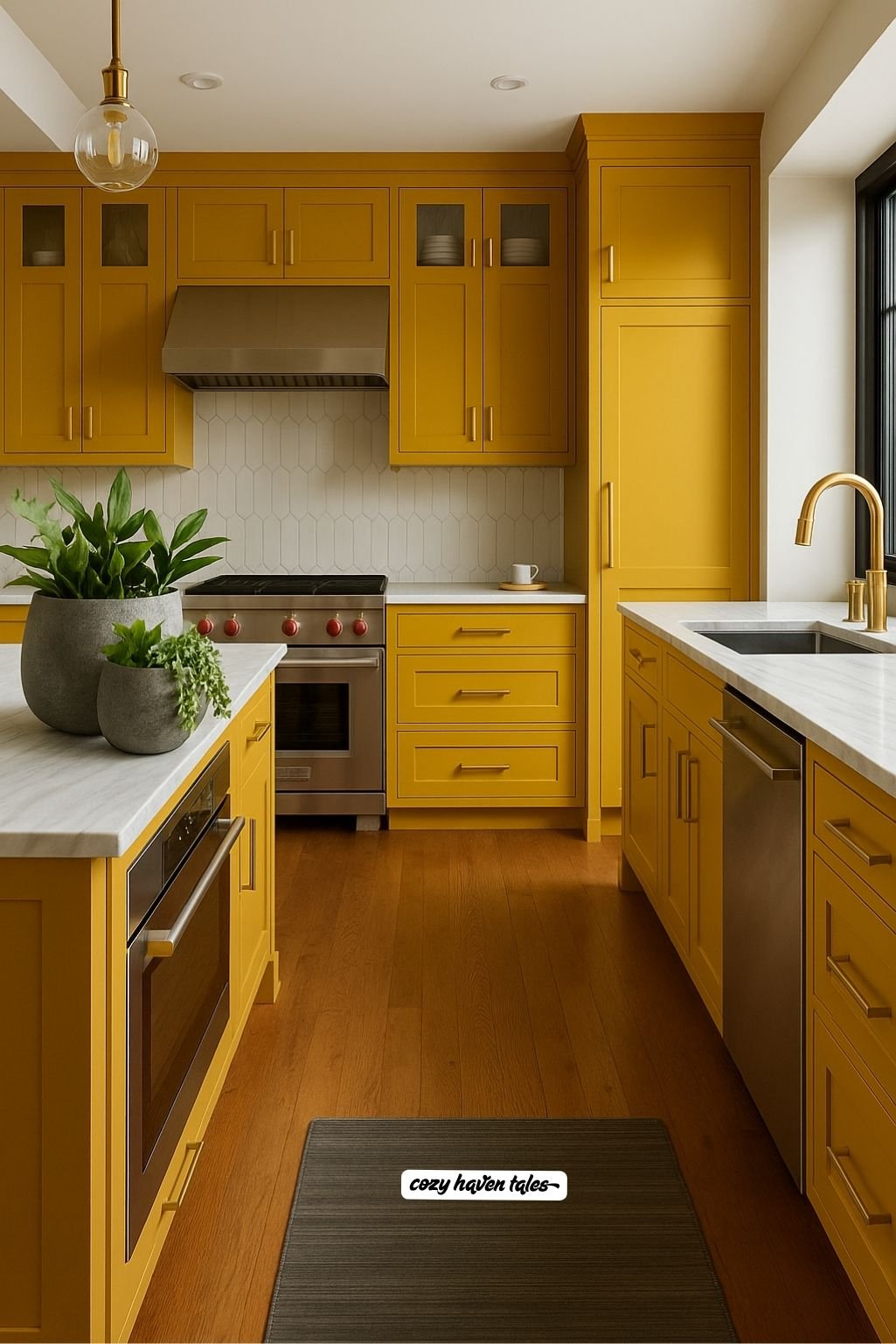 Classic yellow cabinets with wooden flooring and warm lighting