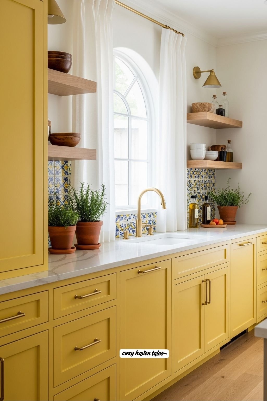 Yellow kitchen cabinets contrasted with bold backsplash