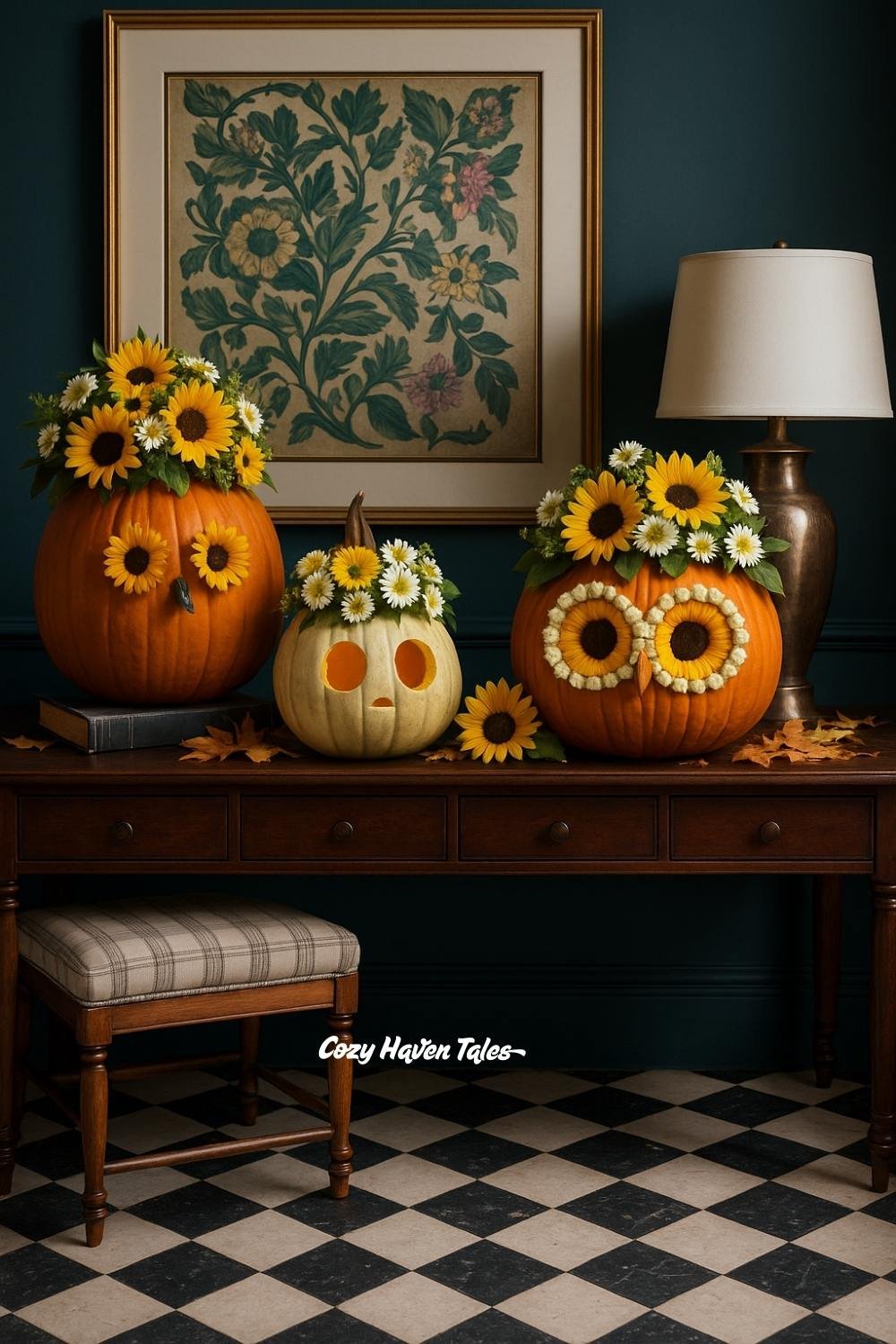 Floral arrangements in pumpkins with sunflowers and autumn blooms displayed on a rustic table, perfect for cozy fall home décor