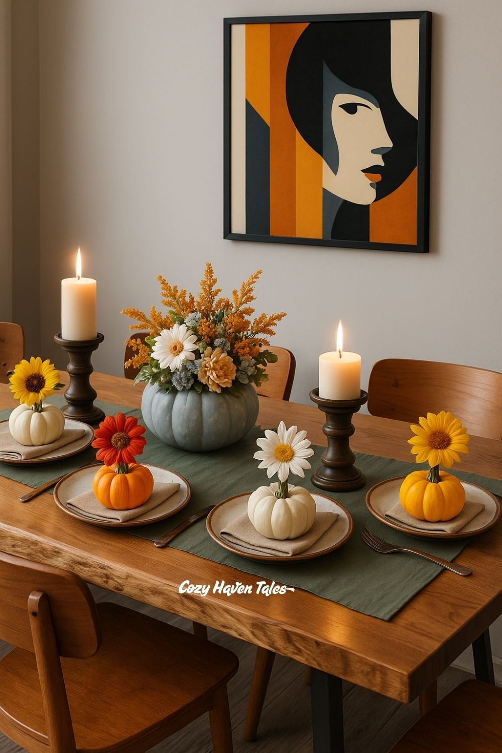 Dining table set with floral arrangements in pumpkins, featuring candles, greenery, and seasonal flowers for a festive fall centerpiece.
