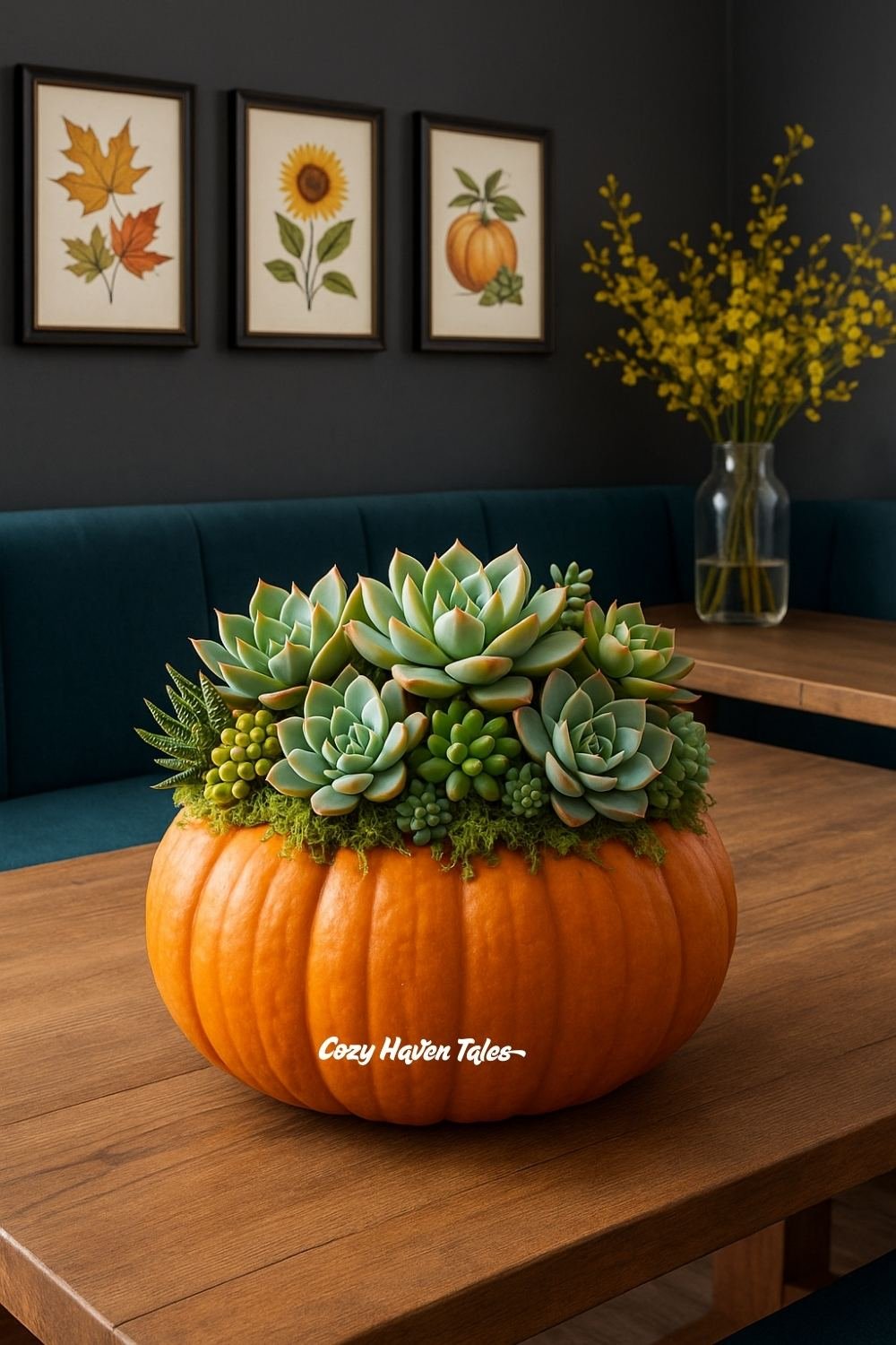 Succulent floral arrangement in a pumpkin, combining greenery and autumn décor for a unique and long-lasting fall centerpiece.