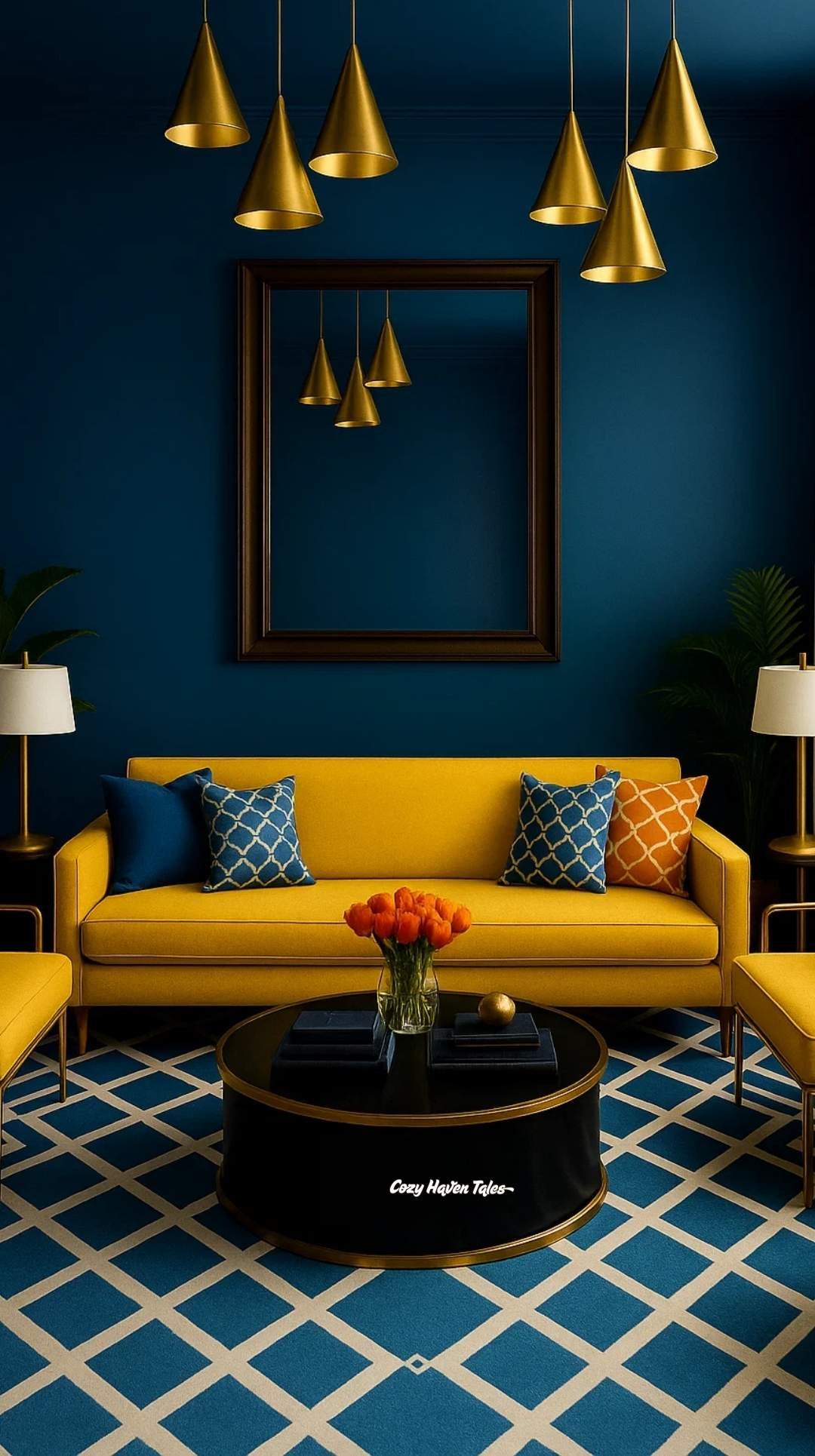 Bold living room with yellow sofa, blue accent wall, and oversized framed mirror, demonstrating how to decorate a blank wall with mirrors.