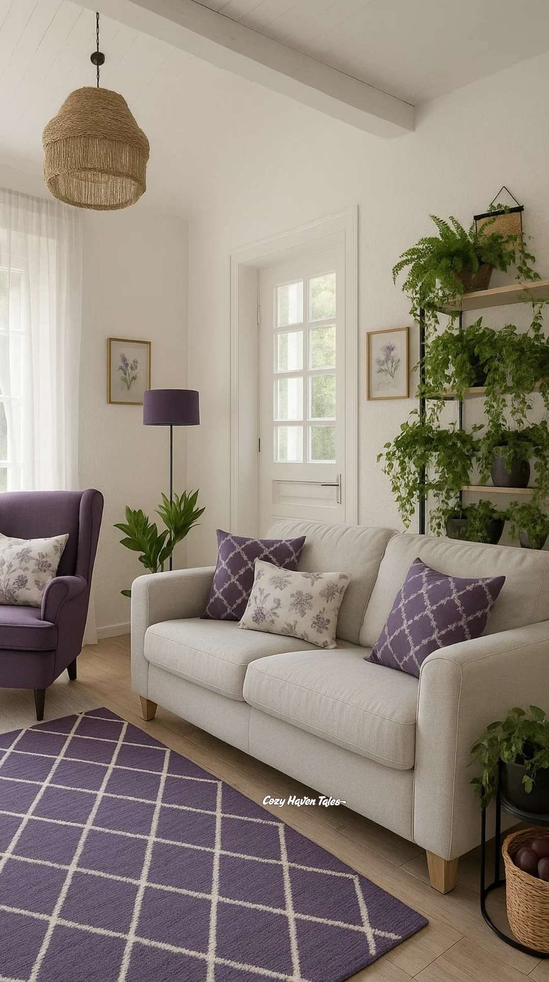 Cozy living room with white sofa, purple accents, and a vertical garden of lush potted plants, showing how to decorate a blank wall with greenery.