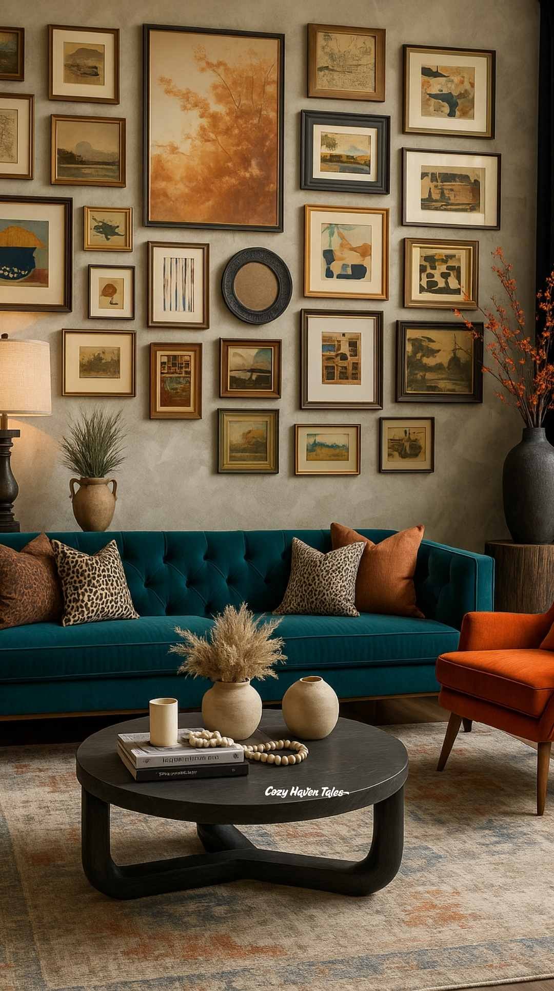 Cozy living room with a teal sofa and a large gallery wall of framed art, showing how to decorate a blank wall with a curated collection.