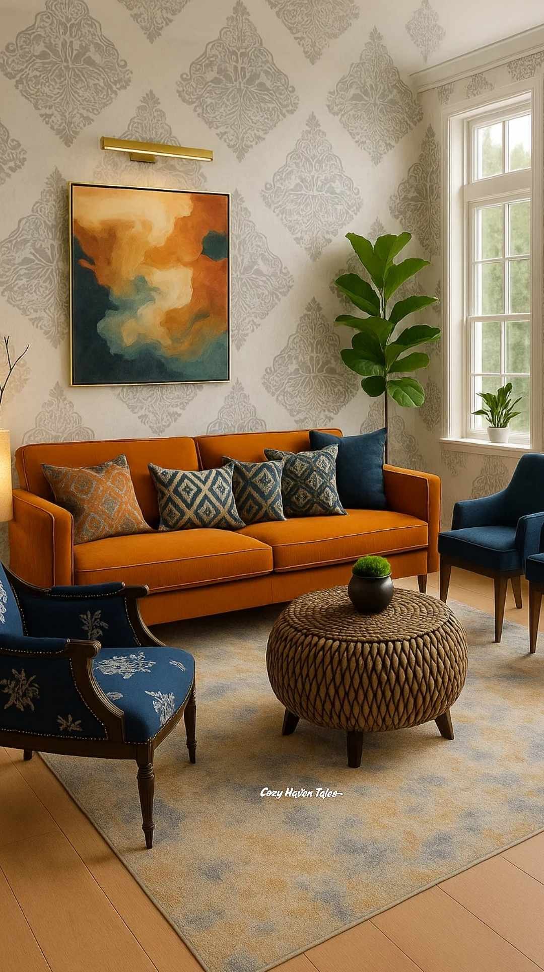 Stylish living room with blue sofa, orange couch, and geometric motif wallpaper, demonstrating how to decorate a blank wall with patterns.