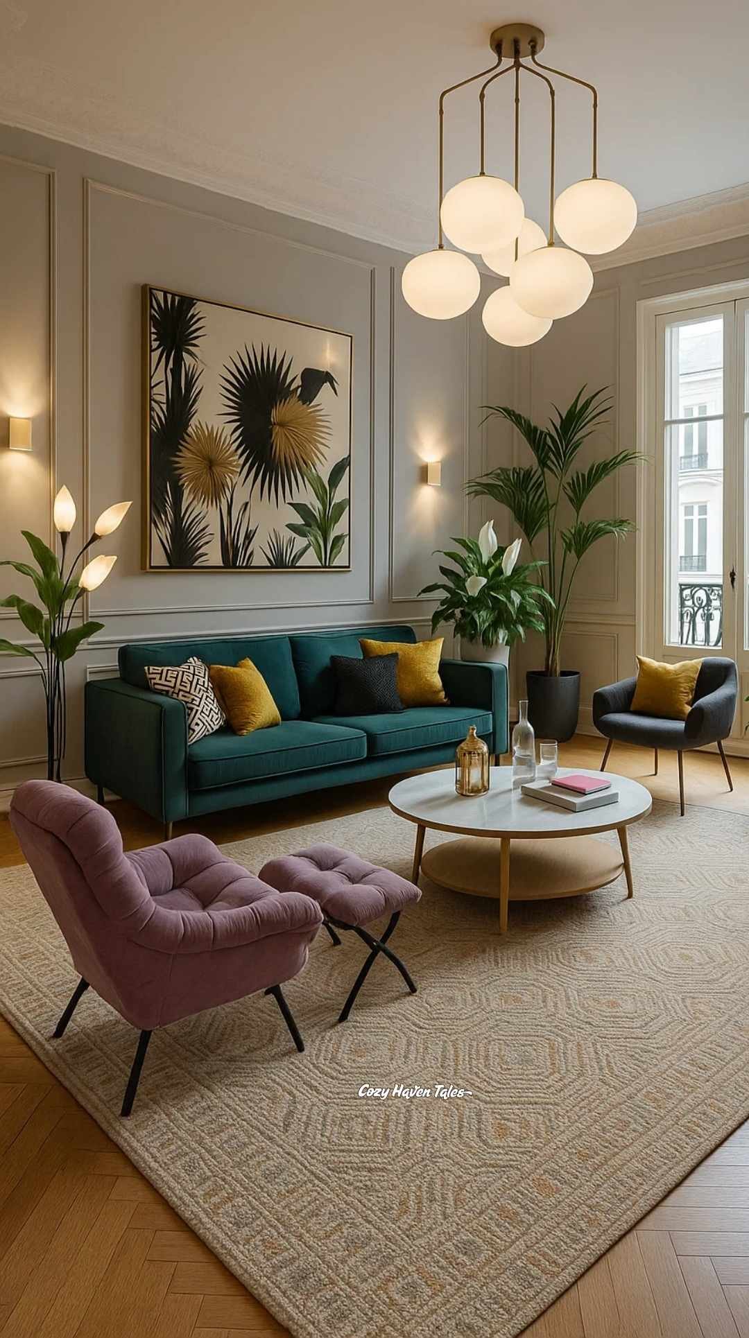 Elegant living room with teal sofa, pink accent chair, and decorative wall mouldings framing botanical artwork, showing how to decorate a blank wall with mouldings.