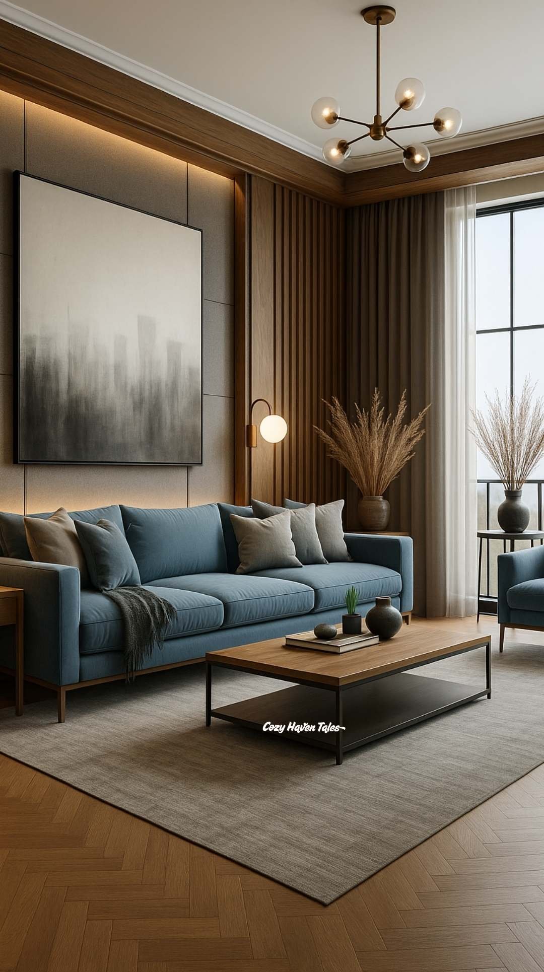 Elegant living room with a navy sofa and oversized abstract wall art, demonstrating how to decorate a blank wall with a bold focal piece.