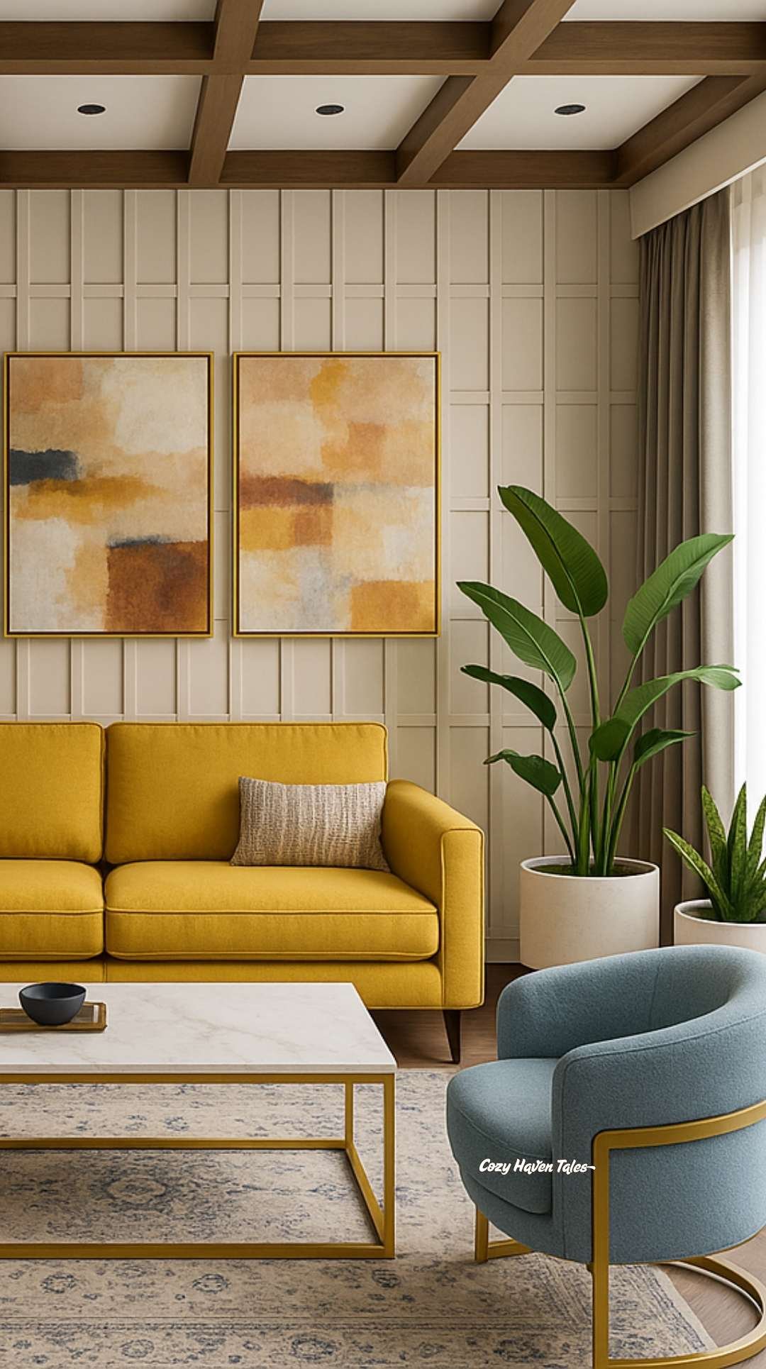 Modern living room with mustard sofa and three-piece abstract art set, an example of how to decorate a blank wall with board and battens