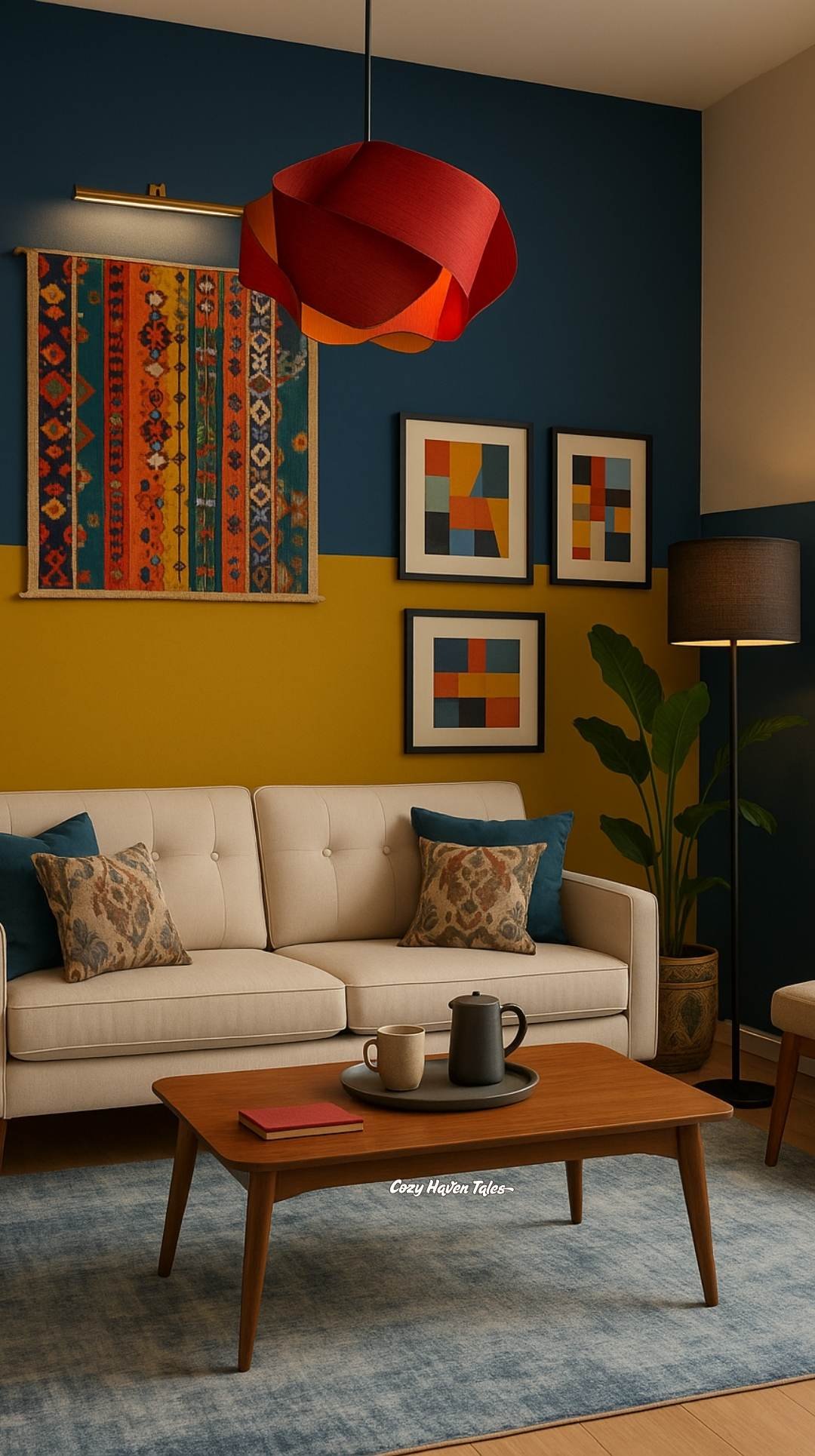 Contemporary living room with a white sofa, two-tone blue and mustard wall, and colorful framed art, illustrating how to decorate a blank wall with bold color blocking.