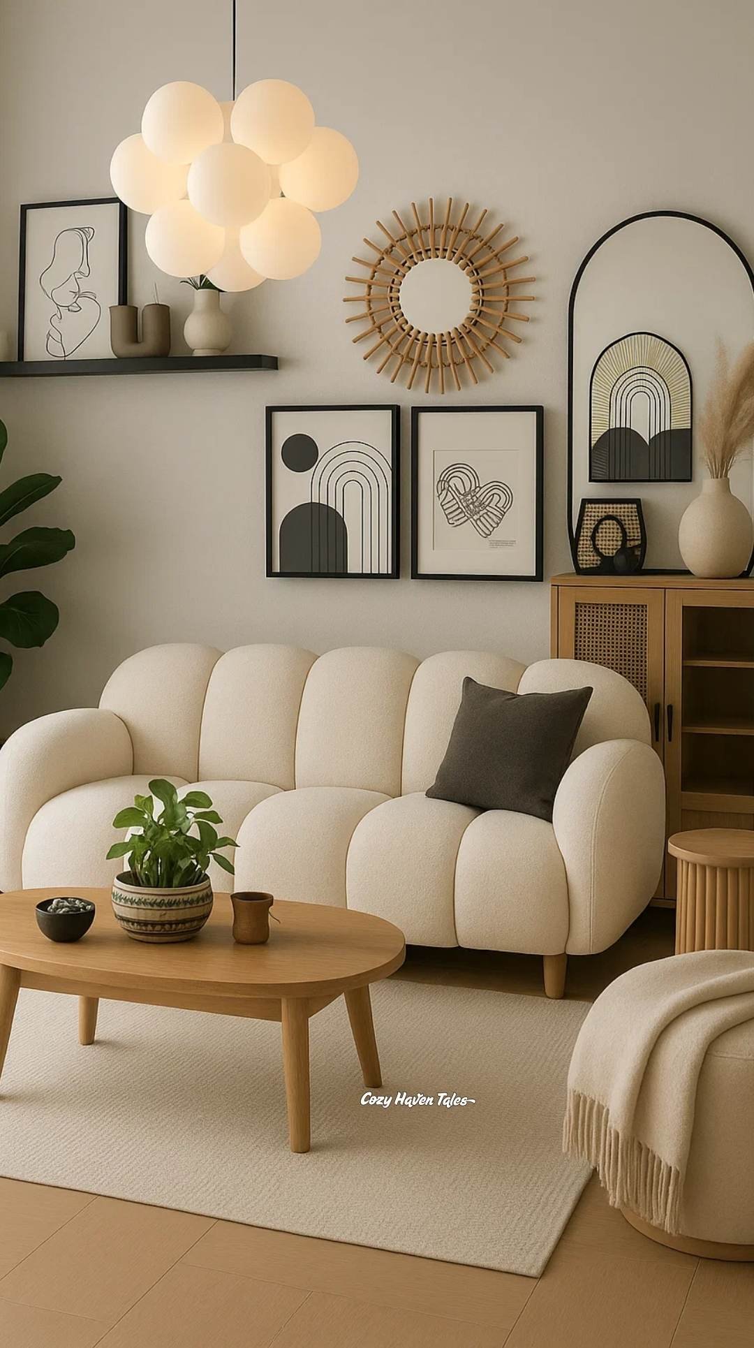 Neutral living room with a curved sofa, layered wall art, mirrors, and woven accents, an elegant take on how to decorate a blank wall using shelves