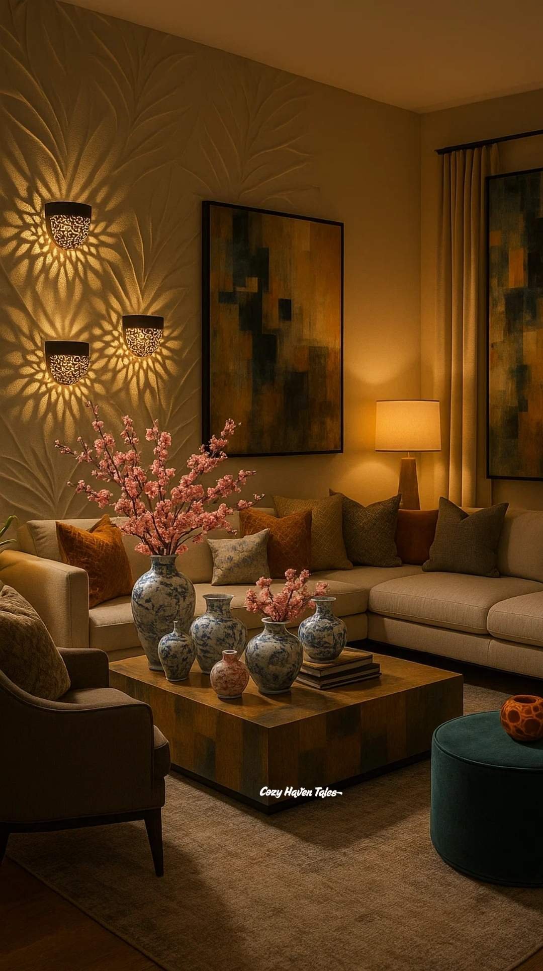 Cozy living room with textured wall, decorative wall lights casting patterns, and warm-toned artwork, showing how to decorate a blank wall with lighting and texture.