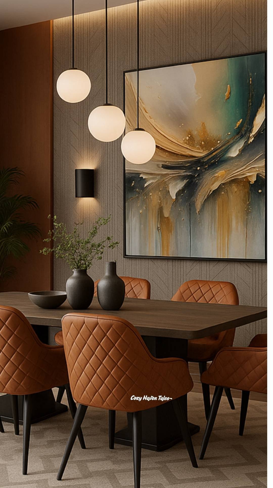 Modern dining room with large abstract wall art, warm wood tones, and pendant lighting, demonstrating how to decorate a blank wall with statement artwork.