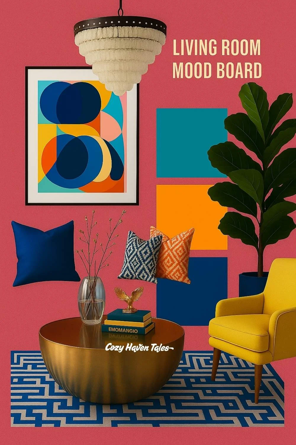 A striking living room mood board featuring bold colors, modern furniture, and geometric wall art used to express strong design concepts.