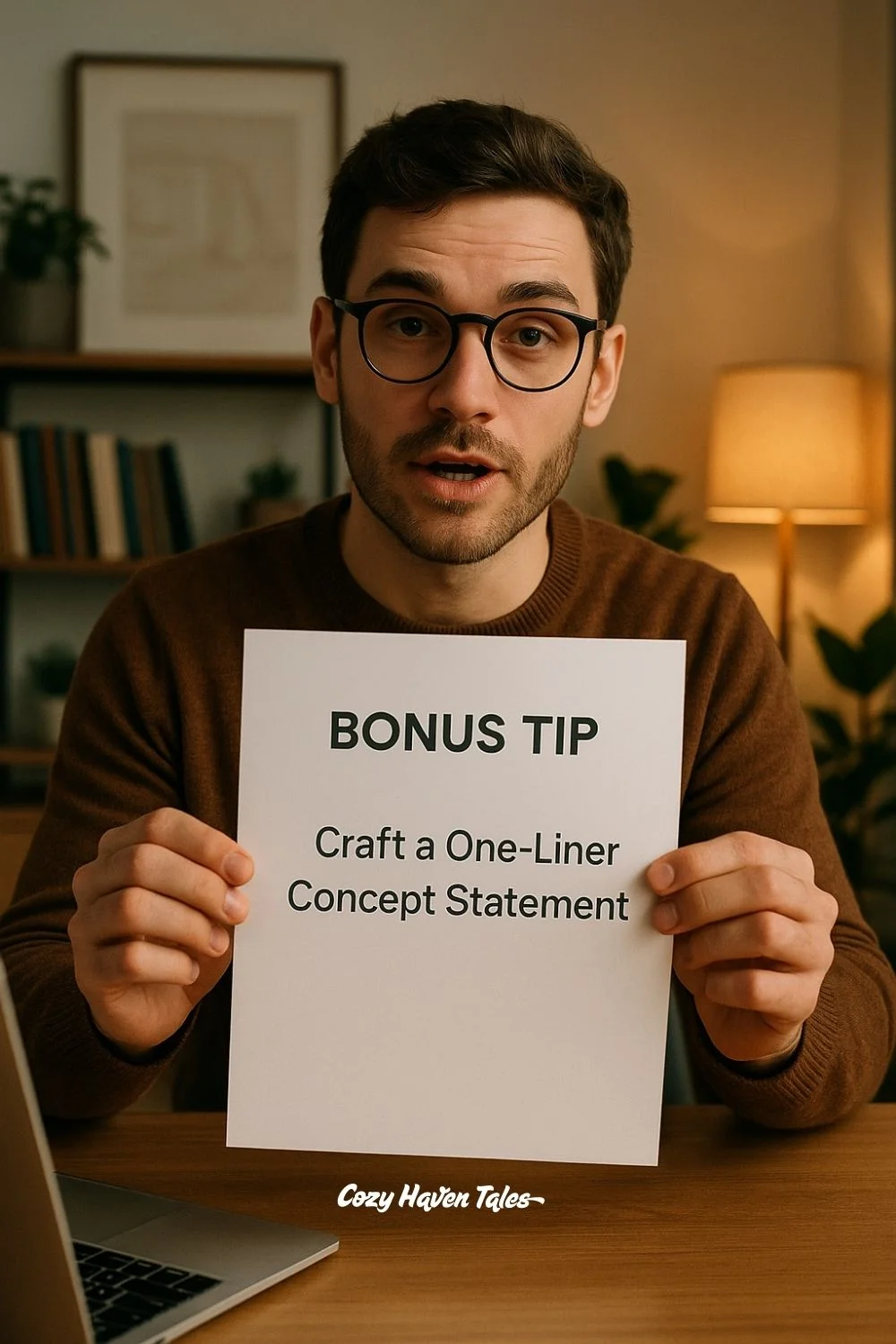 A smiling designer holds a tip card emphasizing the importance of summarizing design concepts into a focused one-liner statement.