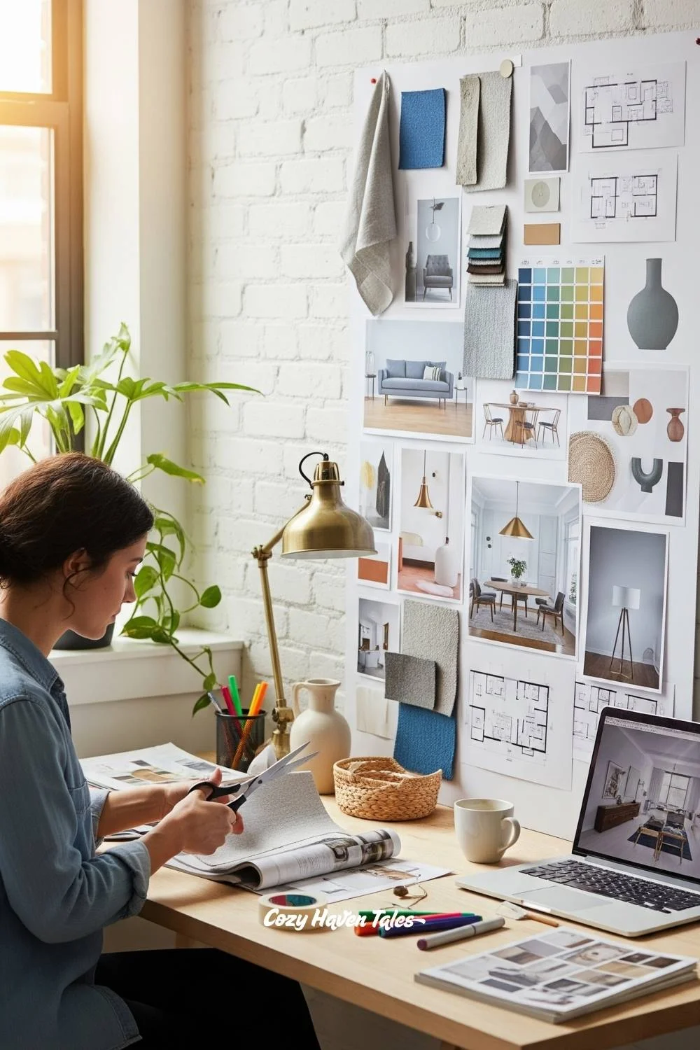 A designer gathers textures, color samples, and magazine clippings to explore initial ideas for developing interior design concepts.