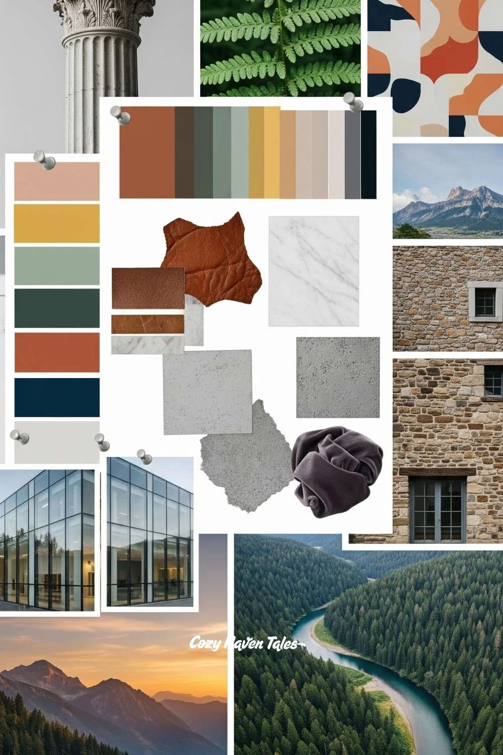 A detailed collage of architectural forms, nature scenes, textures, and materials used as references to develop layered design concepts.