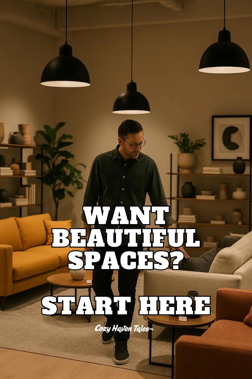 A man walks through a thoughtfully styled showroom with modern lighting and warm-toned furniture, reflecting how intentional design concepts shape how a room feels.