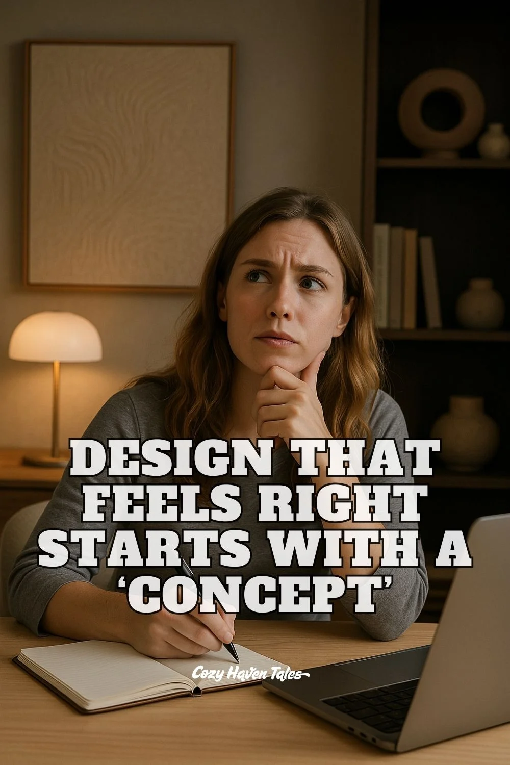 A woman pauses thoughtfully while planning a room design at her laptop, capturing the importance of starting with a solid design concept before decorating.