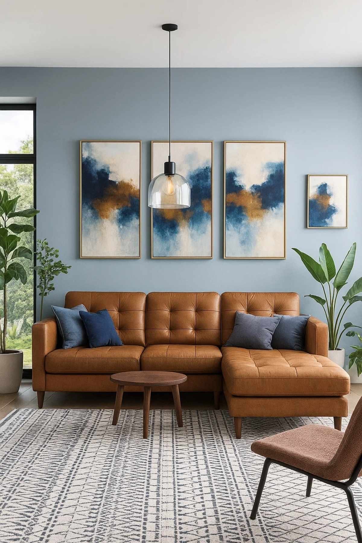 Caramel leather sectional with navy cushions and light blue wall paint color.