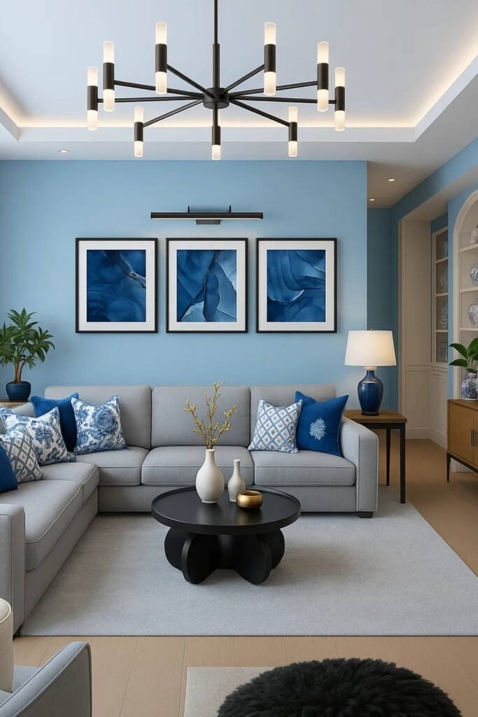 Grey sofa with navy cushions and art against light blue wall paint color.