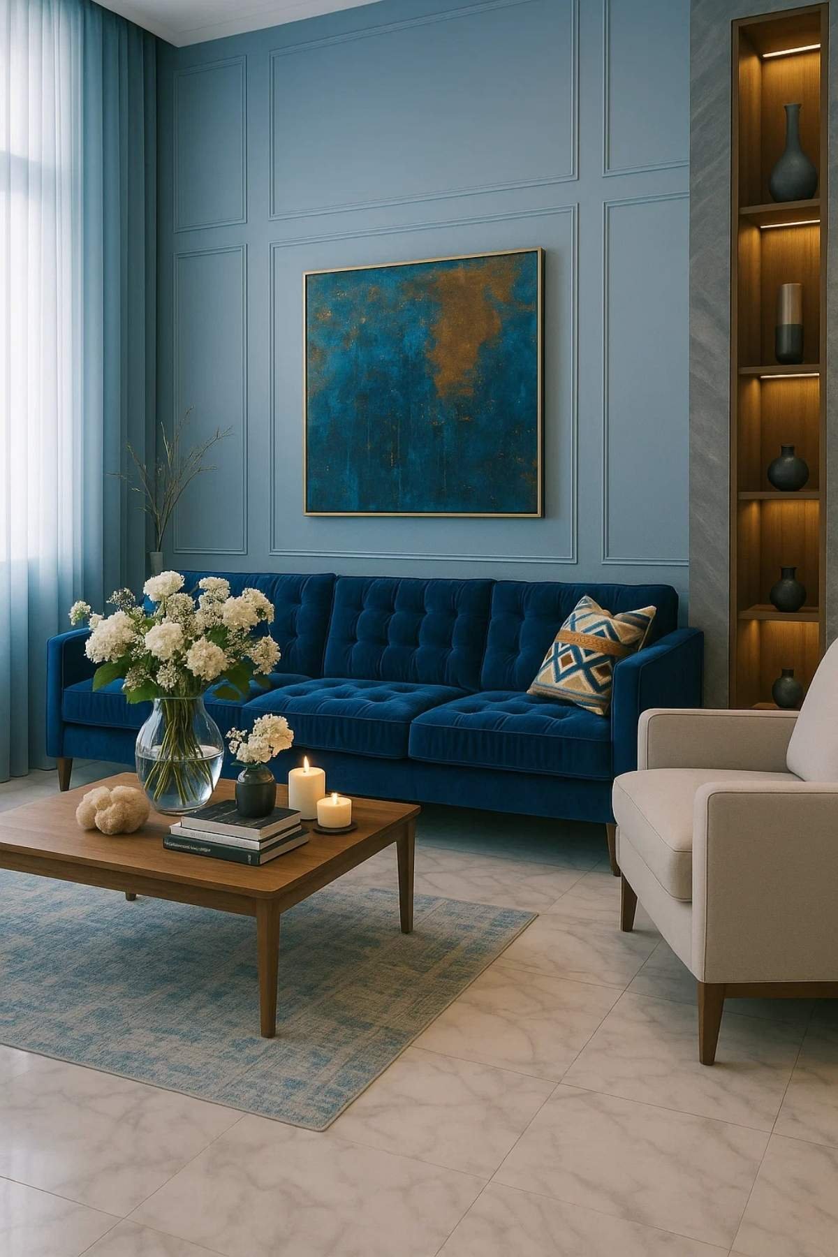 Deep velvet sofa with gold-accented art and blue walls.