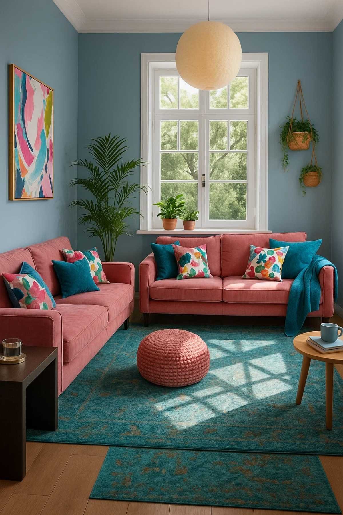 Coral sofas with teal accents in light blue living room.