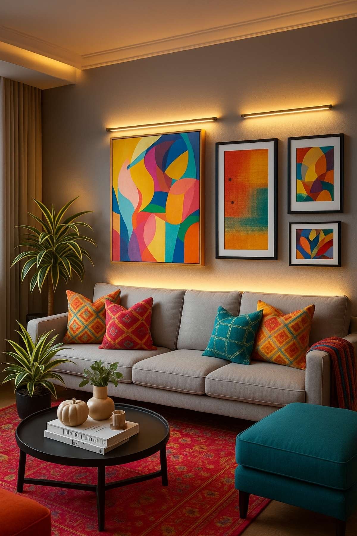Contemporary living room with colorful abstract art, plush seating, soft lighting, and vibrant accent cushions.