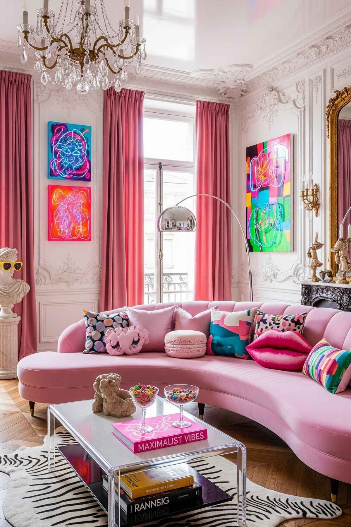 Bright living room with pink velvet sofas, eclectic wall art, chandeliers, and zebra-print accents.