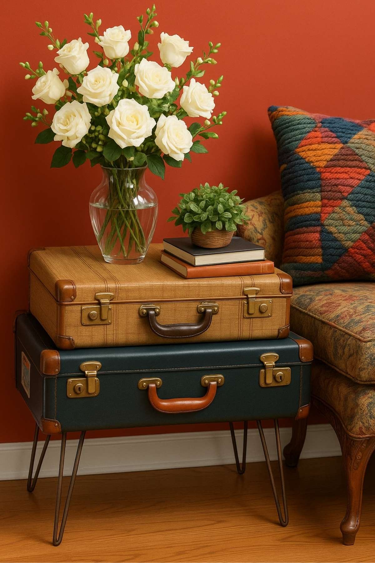 A creative side table made from stacked vintage suitcases, topped with fresh white roses, books, and a small potted plant beside a patterned armchair.