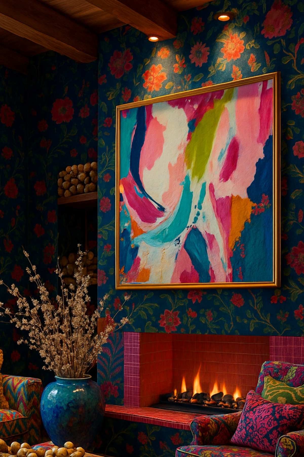 A vibrant maximalist living room with a navy floral wallpaper, bold abstract wall art, and a glowing fireplace surrounded by eclectic seating.