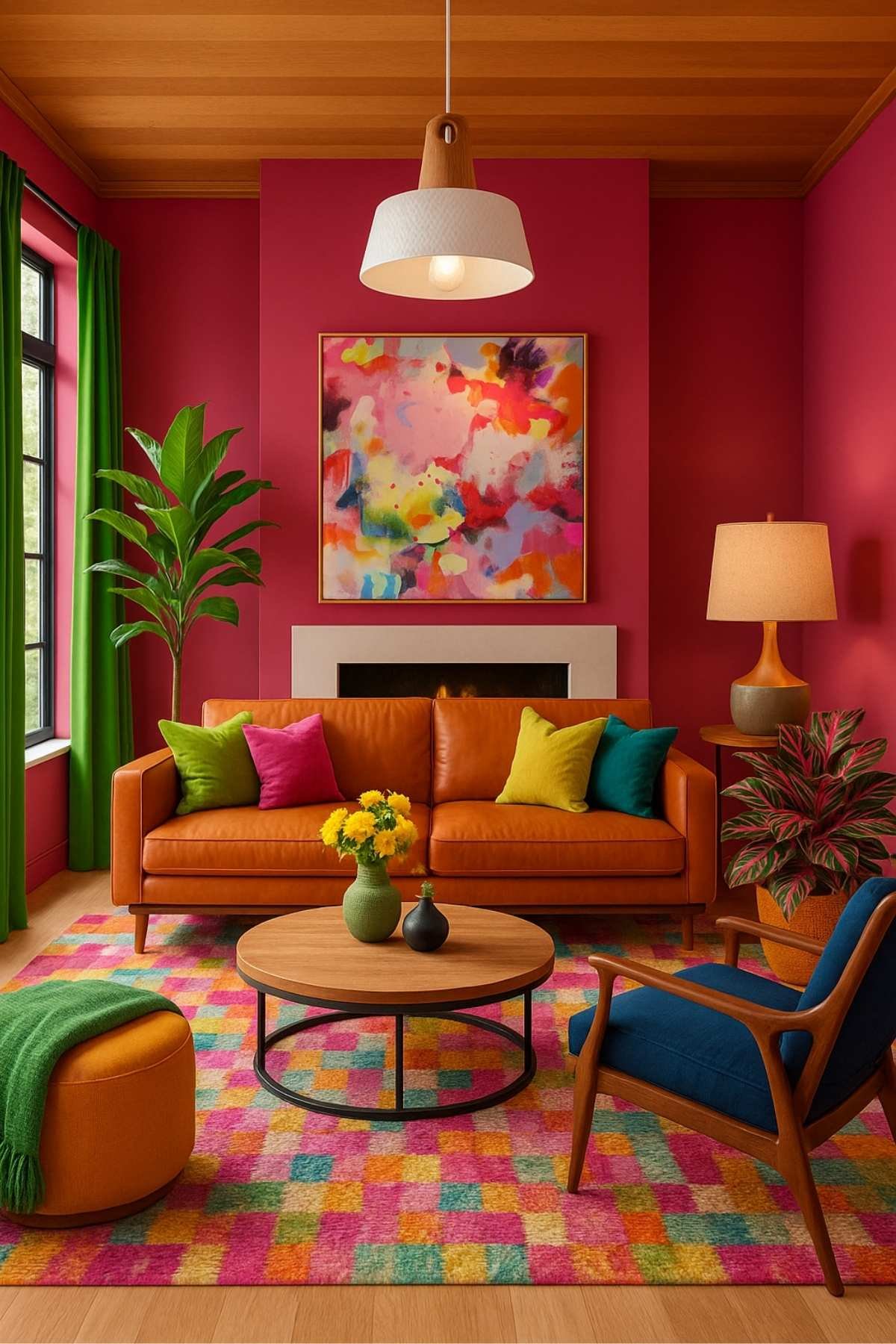 Maximalist living room in hot pink tones, featuring colorful abstract artwork, an orange sofa with multicolored cushions, and a patterned area rug.