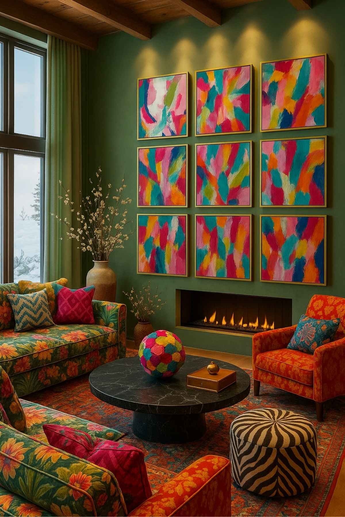 Spacious maximalist living room with green walls, a gallery of bold abstract paintings, patterned sofas, and a central black coffee table.
