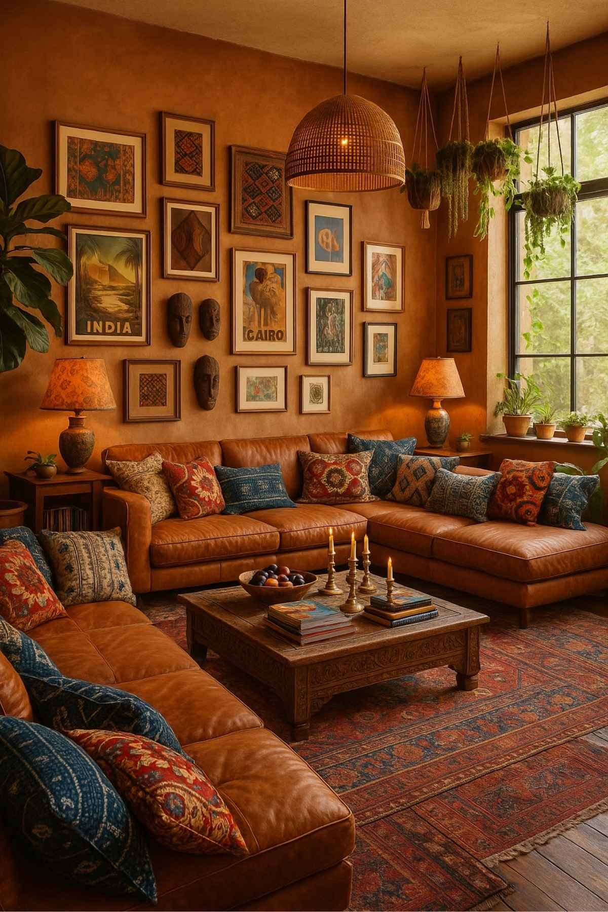 Warm-toned maximalist living room with burnt orange sofas, a wall of framed art, layered rugs, and abundant greenery.